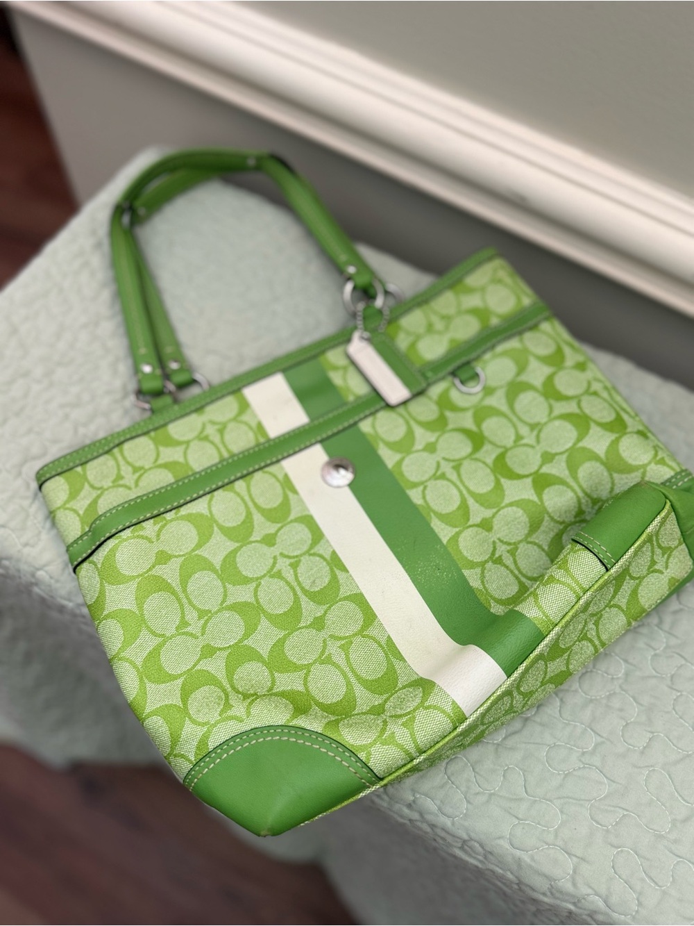 Coach Green Logo Stripe Tote with White Accent